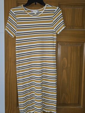 Pink Rose Striped Mustard, White & Black Midi Dress Junior Size L Above The Knee